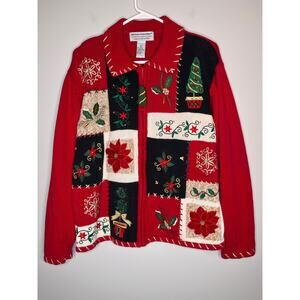 2000s Tiara International Poinsettias Christmas Patchwork Full Zip Sweater XL